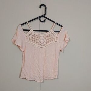 Pastel Pink Crochet Cold Shoulder Shirt, Size S